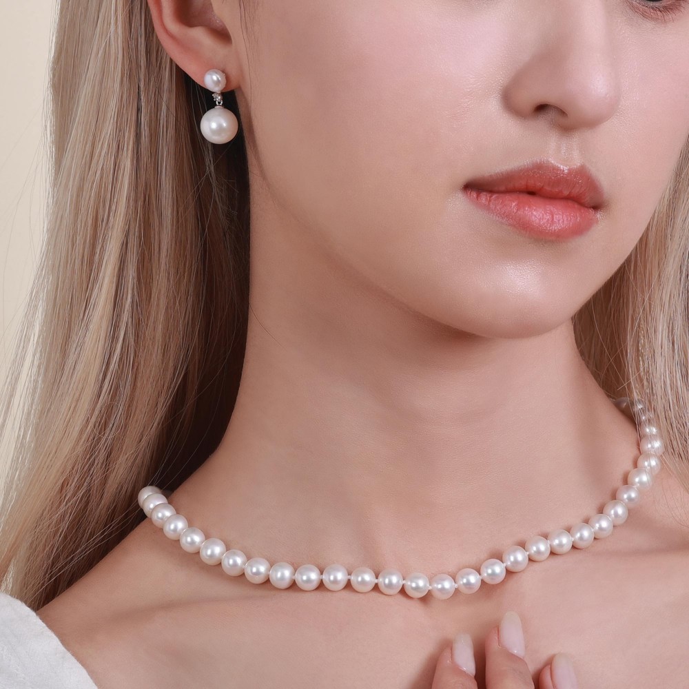 5.5-12.0mm White Freshwater Pearl & Diamond Double Drop Earrings in Sterling Silver - AAAA Quality