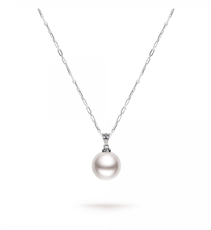 11.0-12.0mm White South Sea Pearl & Diamond Bezel Pendant in 18K Gold - AAAA Quality