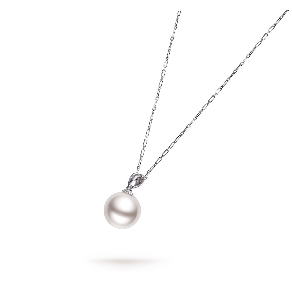 11.0-12.0mm White South Sea Pearl & Diamond Bezel Pendant in 18K Gold - AAAA Quality