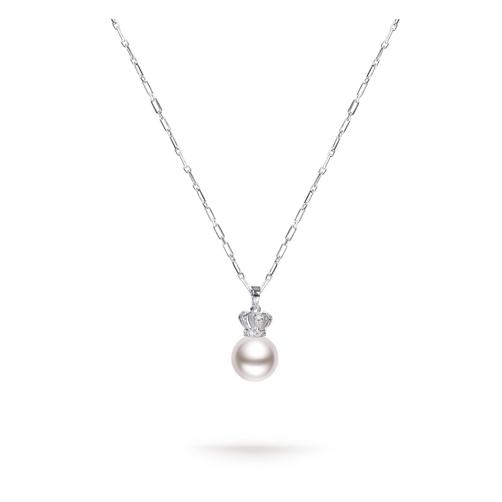 8.0-9.0mm White South Sea Pearl & Diamond Crown Pendant in 18K Gold - AAAA Quality