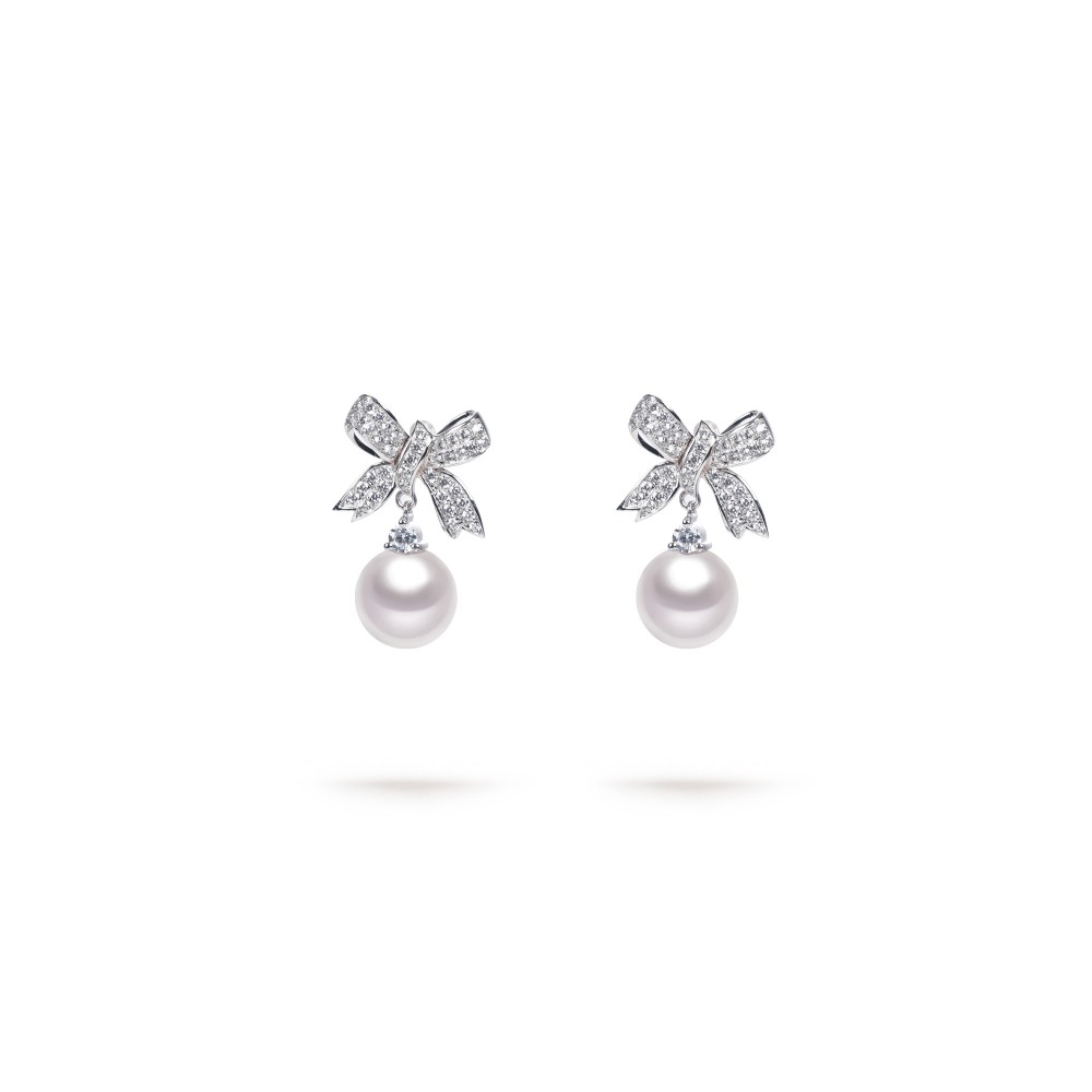 8.0-9.0mm White South Sea Pearl Bow Dolly Earrings in 18K Gold - AAAA Quality