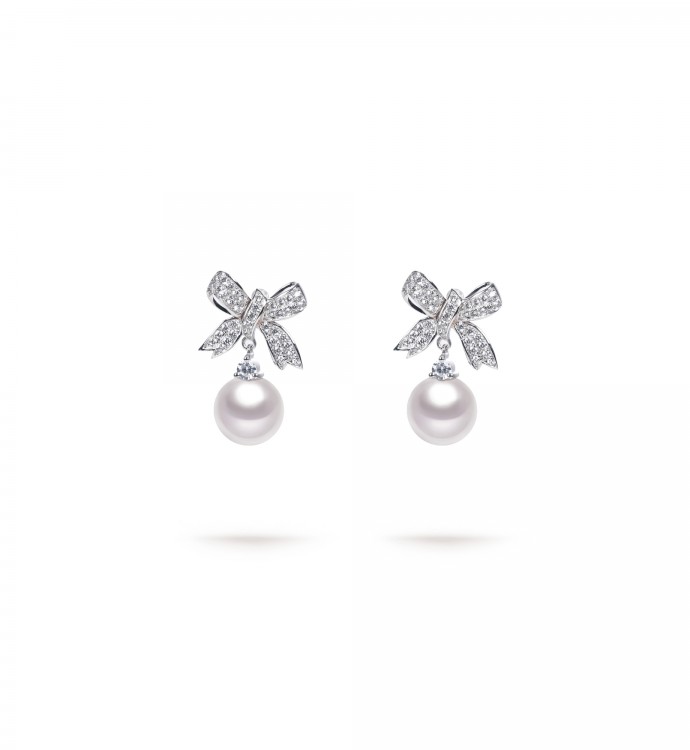 8.0-9.0mm White South Sea Pearl Bow Dolly Earrings in 18K Gold - AAAA Quality