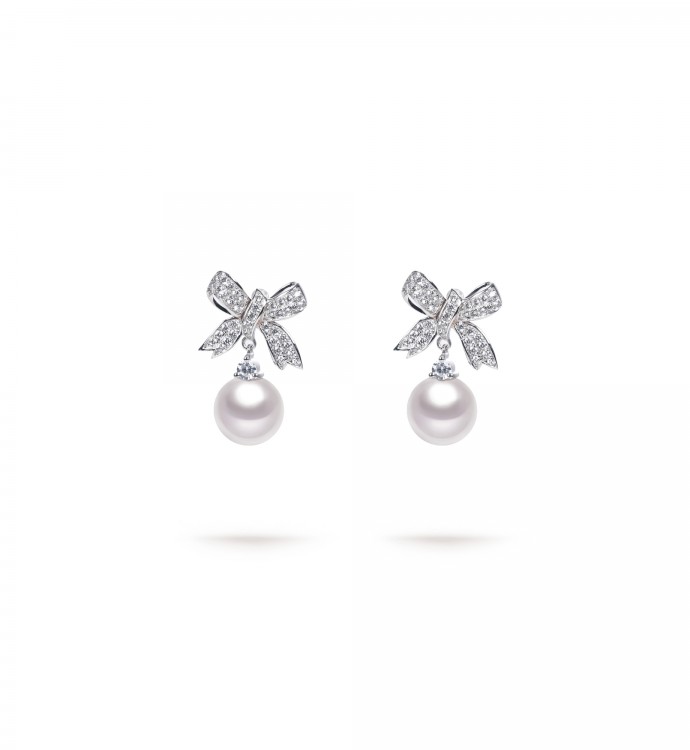8.0-9.0mm White South Sea Pearl Bow Dolly Earrings in 18K Gold - AAAA Quality