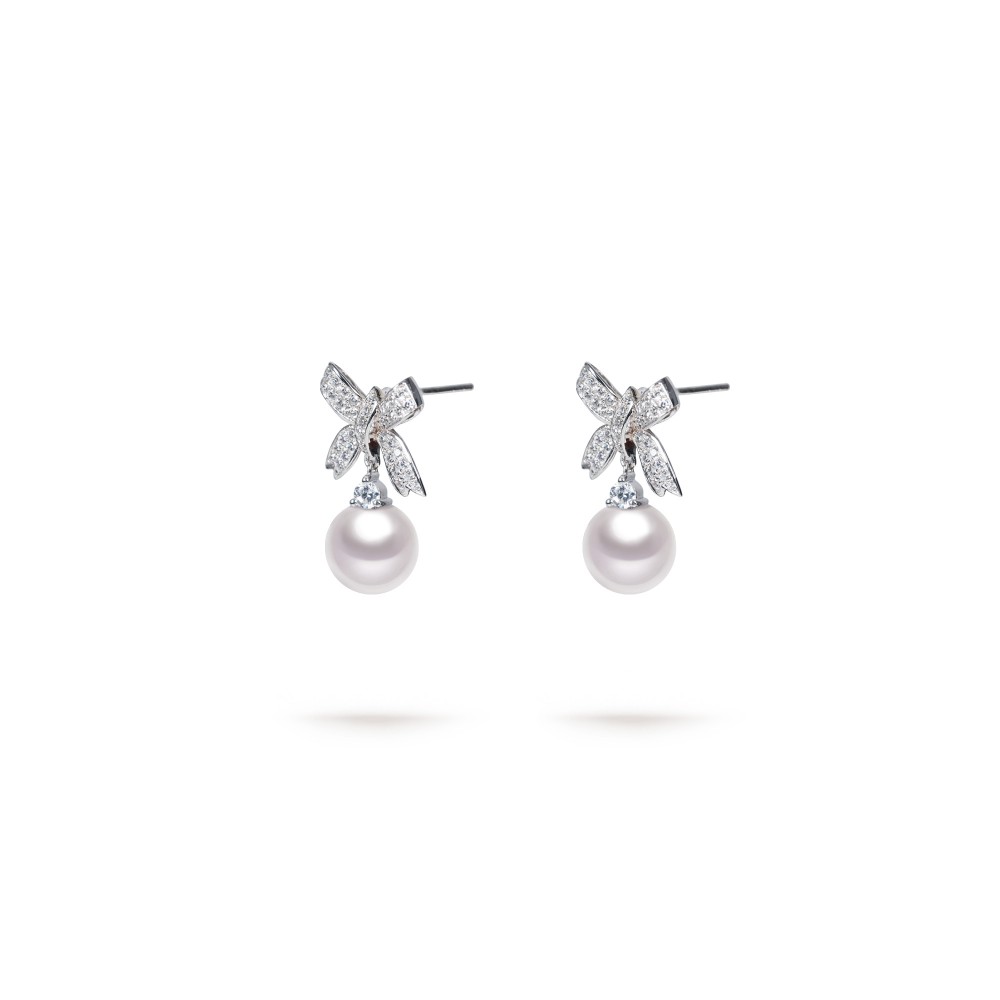8.0-9.0mm White South Sea Pearl Bow Dolly Earrings in 18K Gold - AAAA Quality