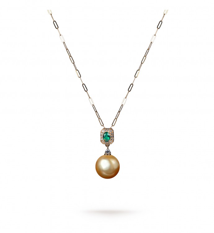 11.0-12.0mm Golden South Sea Pearl & Emerald Pendant in 18K Gold - AAAAA Quality