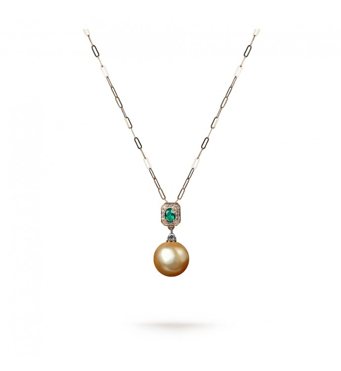 11.0-12.0mm Golden South Sea Pearl & Emerald Pendant in 18K Gold - AAAAA Quality