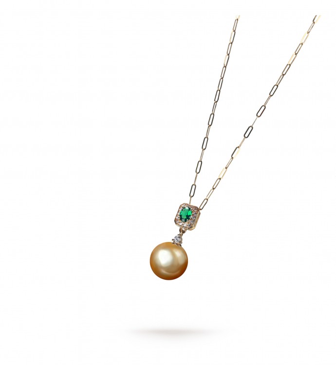 11.0-12.0mm Golden South Sea Pearl & Emerald Pendant in 18K Gold - AAAAA Quality