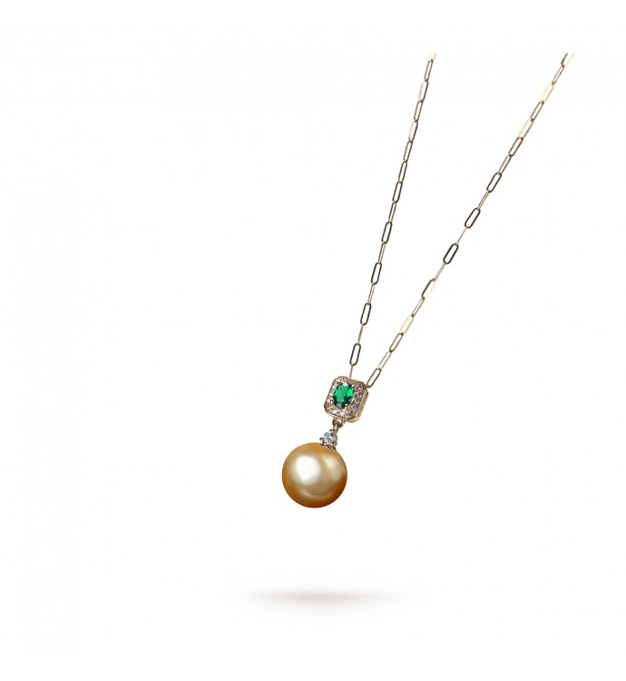 11.0-12.0mm Golden South Sea Pearl & Emerald Pendant in 18K Gold - AAAAA Quality