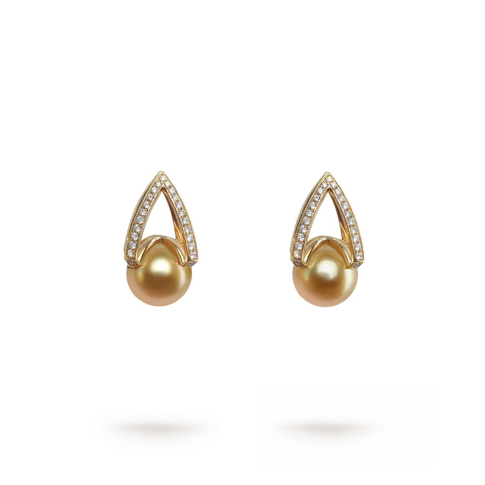 11.0-12.0mm Golden South Sea Pearl & Diamond M Earrings in 18K Gold - AAAA Quality