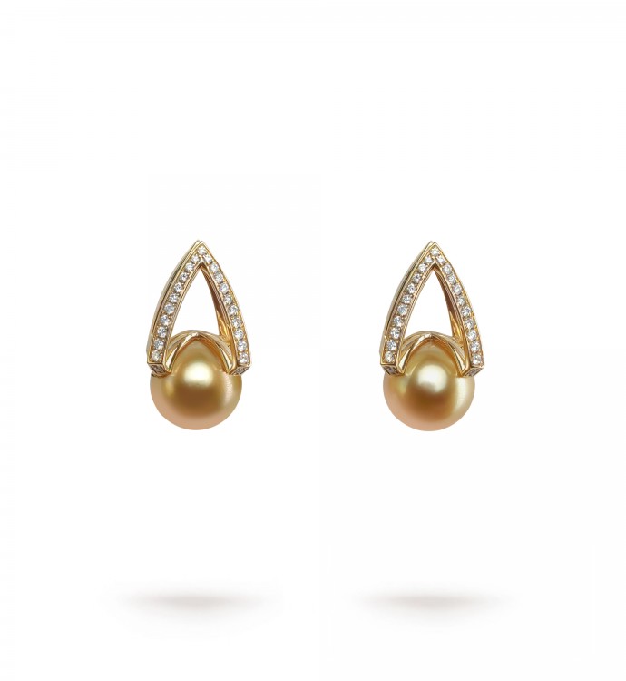 11.0-12.0mm Golden South Sea Pearl & Diamond M Earrings in 18K Gold - AAAA Quality