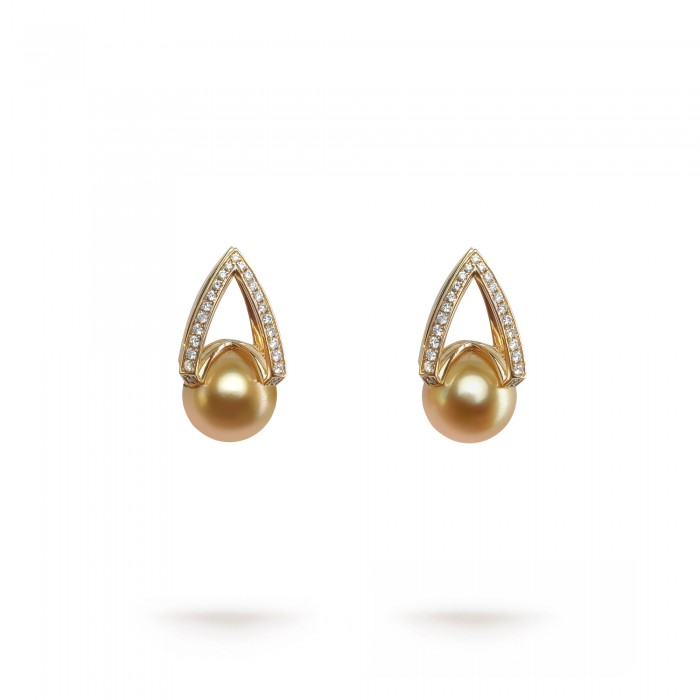 11.0-12.0mm Golden South Sea Pearl & Diamond M Earrings in 18K Gold - AAAA Quality