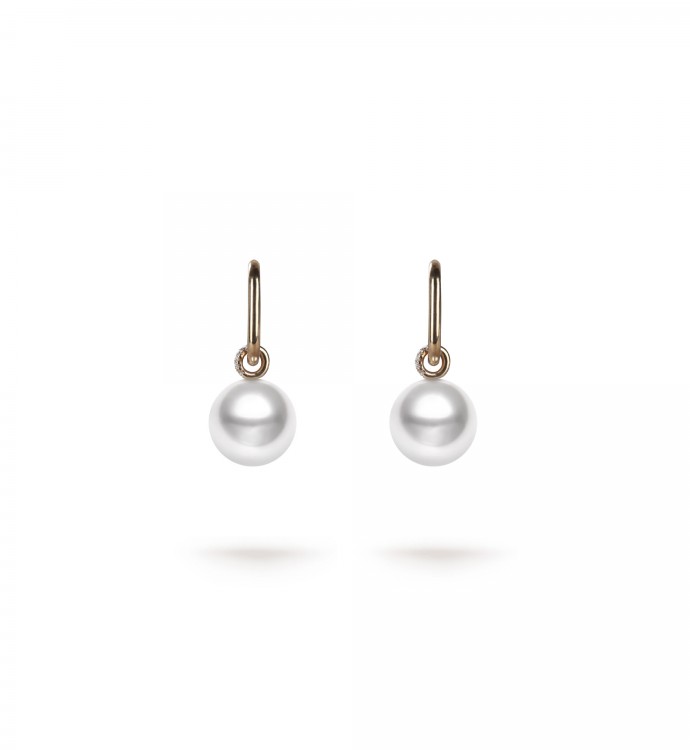 10.0-11.0mm White South Sea Round Pearl Isabelle Dangle Drop Earrings in 18K Gold - AAAAA Quality