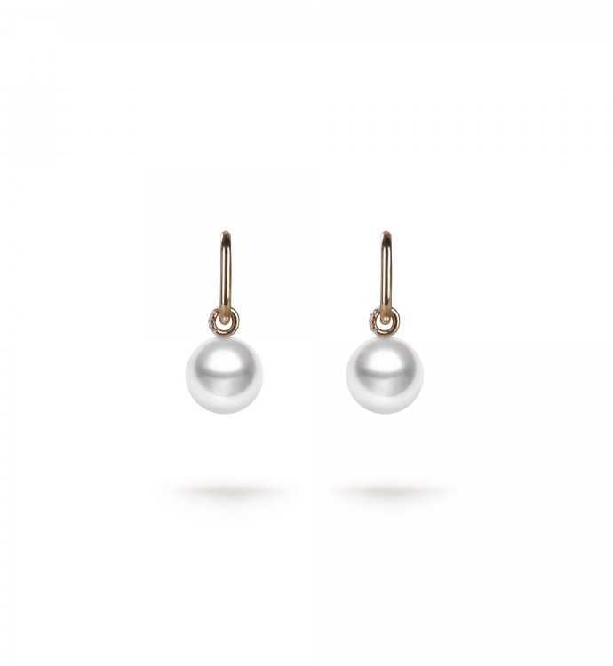 10.0-11.0mm White South Sea Round Pearl Isabelle Dangle Drop Earrings in 18K Gold - AAAAA Quality