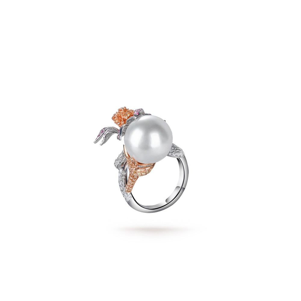 12.0-13.0mm White South Sea Pearl & Diamond Flower Ring in 18K Gold - AAAAA Quality