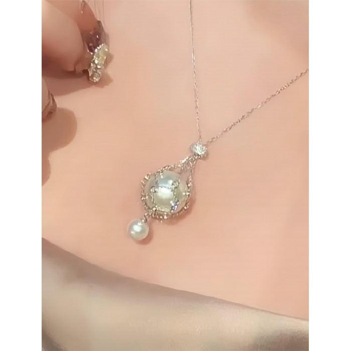 14.0-15.0mm Freshwater Pearl & Opal Lavalier Pendant - White Gold