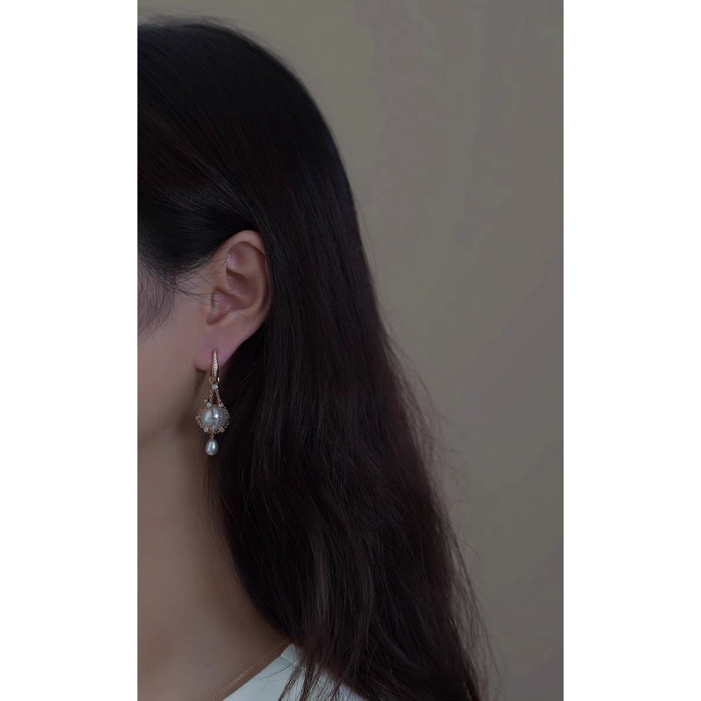 12.0-13.0mm Freshwater Pearl & Opal Hero Lavalier Earrings Circle - Rose Gold