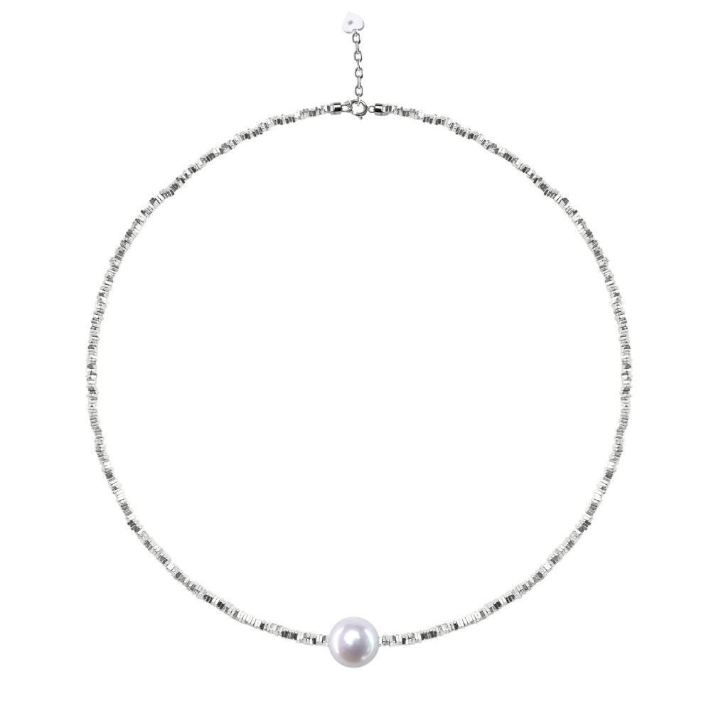 11.0-12.0mm White Freshwater Pearl & Silver Necklace - AAA Quality