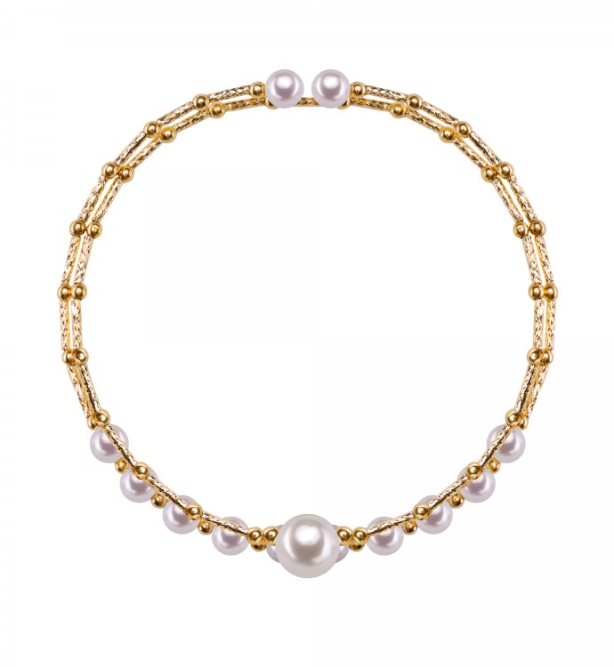6.0-10.0mm White Freshwater Pearl Flowing Lines Bracelet in 18K Gold - AAAA Quality