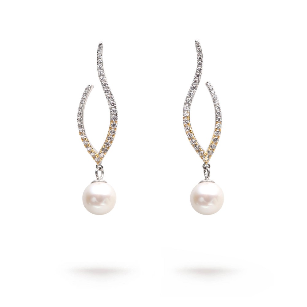 8.0-8.5mm White Freshwater Pearl & Diamond Drop Earrings in Sterling Silver - AAAA Quality