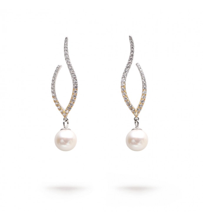 8.0-8.5mm White Freshwater Pearl & Diamond Drop Earrings in Sterling Silver - AAAA Quality