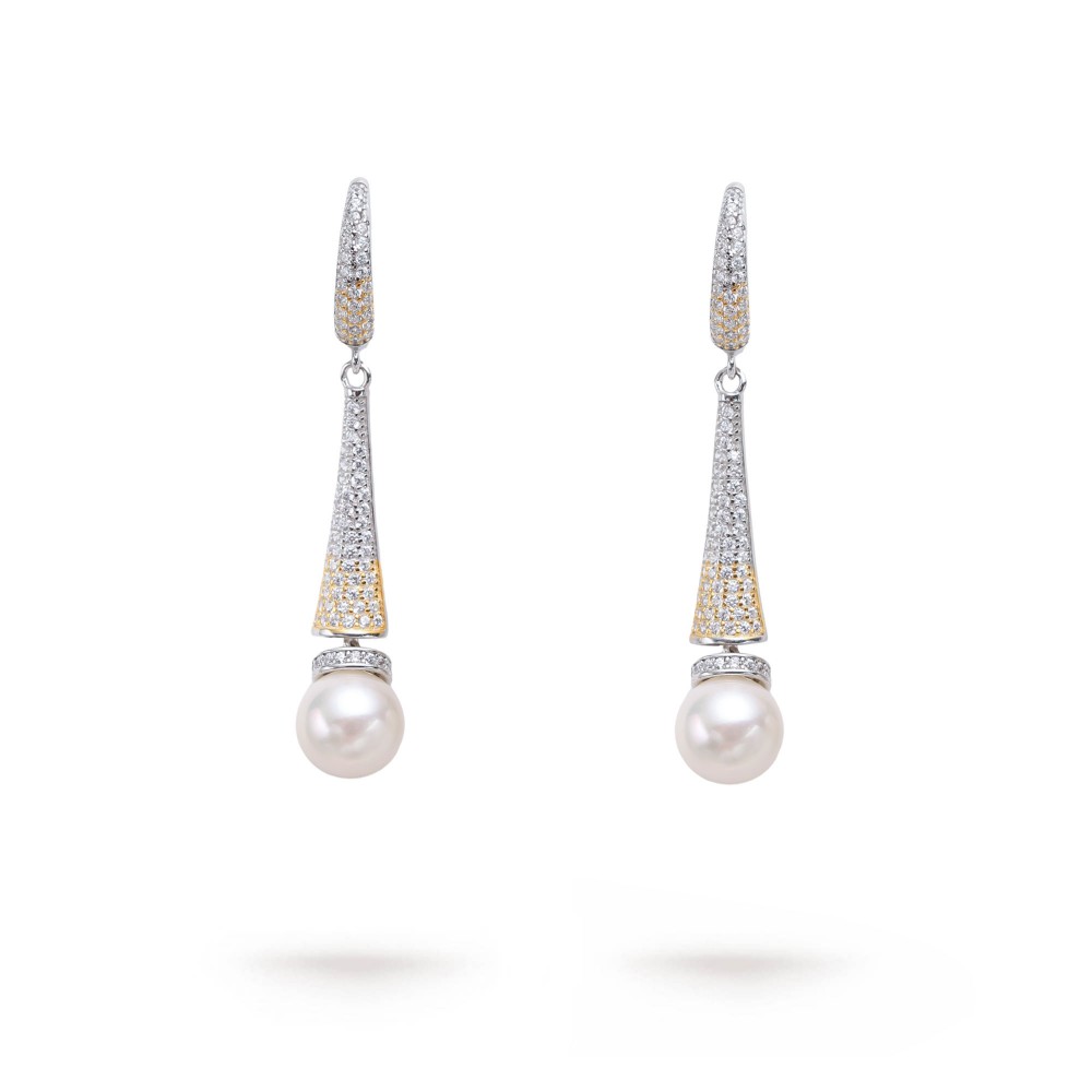 8.0-8.5mm White Freshwater Drop Pearl and Diamond Earrings in Sterling Silver - AAAA Quality