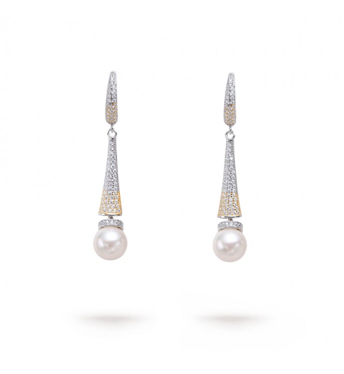 8.0-8.5mm White Freshwater Drop Pearl and Diamond Earrings in Sterling Silver - AAAA Quality