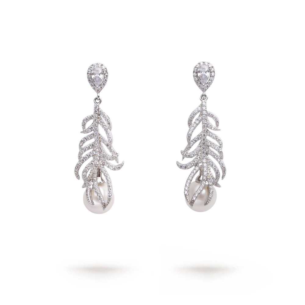 8.0-8.5mm Feather Drop Earrings with White Freshwater Pearls and Diamonds - AAAA Quality