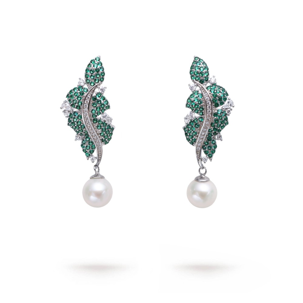 8.0-8.5mm White Freshwater Pearl and Emerald Drop Earrings - AAAA Quality