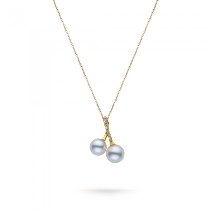 5.0-6.0mm White Akoya Double Pearl Pendant in 18K Gold - AAAA Quality