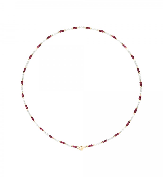 2.0-2.5mm Keshi Akoya Pearl & Ruby Necklace - AAAA Quality