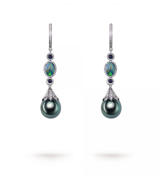 10.0-11.0mm Tahitian Pearl & Opal Drop Earrings in 18K Gold - AAAAA Quality