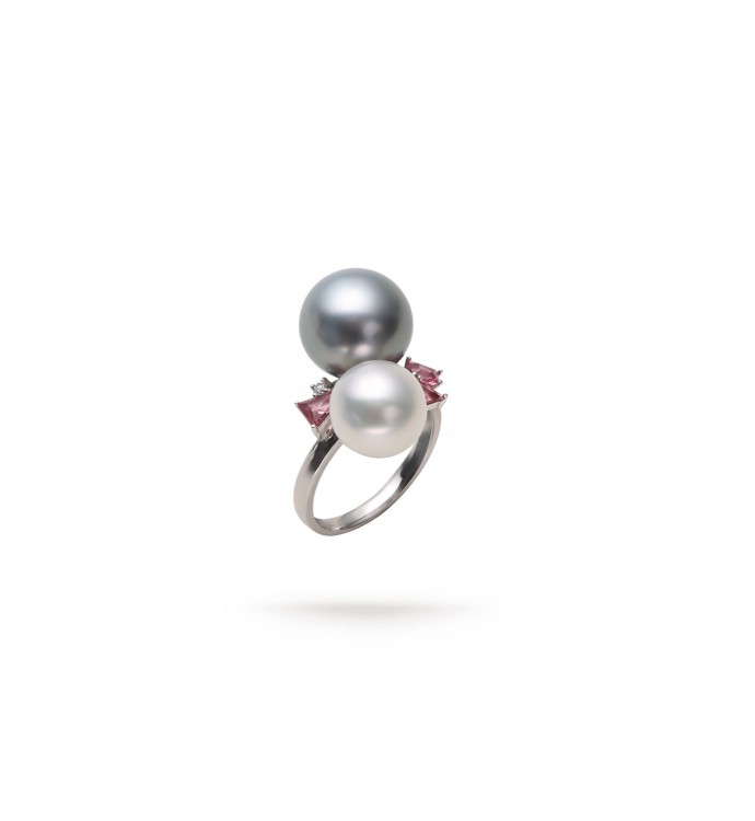 10.0-13.0mm Seawater Double Pearl and Pink Stone Ring- AAAAA Quality