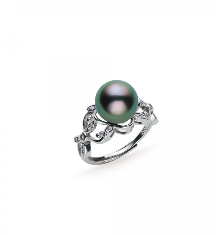 10.0-11.0mm Peacock Green Tahitian Pearl Ring in Sterling Silver - AAAA Quality