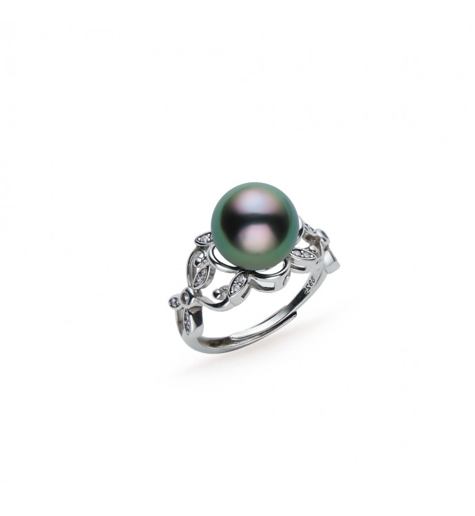 10.0-11.0mm Peacock Green Tahitian Pearl Ring in Sterling Silver - AAAA Quality