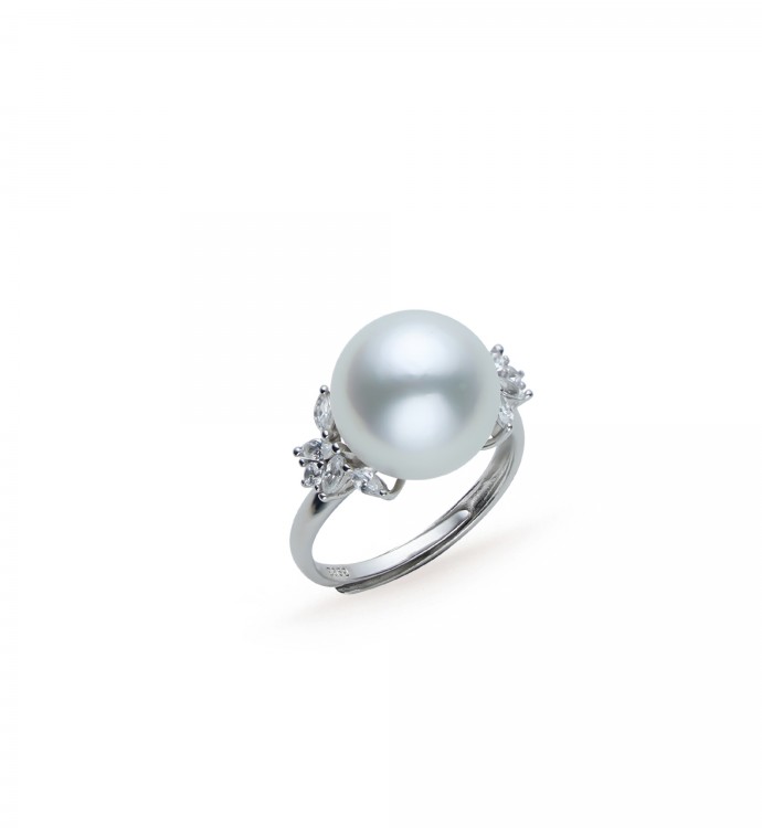 11.0-12.0mm White South Sea Pearl & Diamond Imperial Ring in Sterling Silver - AAA Quality