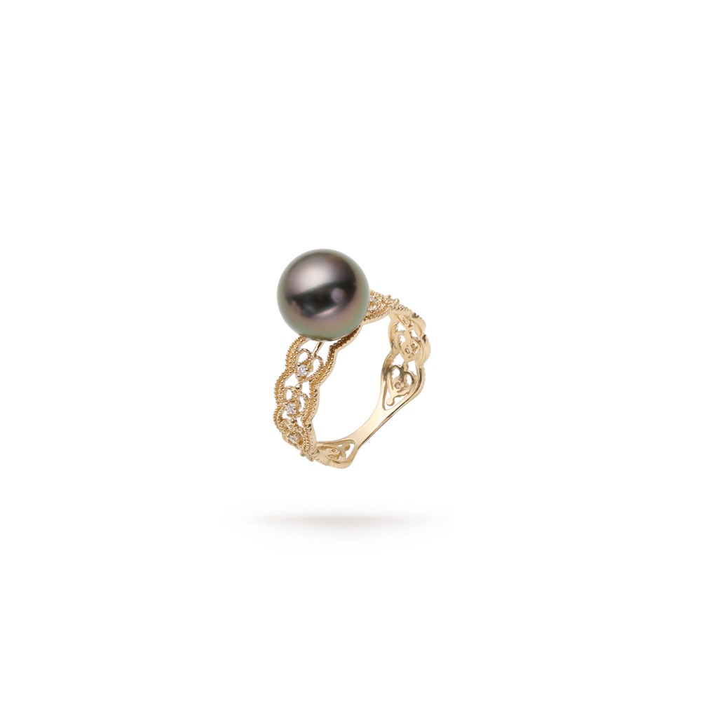 10.0-11.0mm Tahitian Black Pearl and Diamond Ring- AAAA Quality