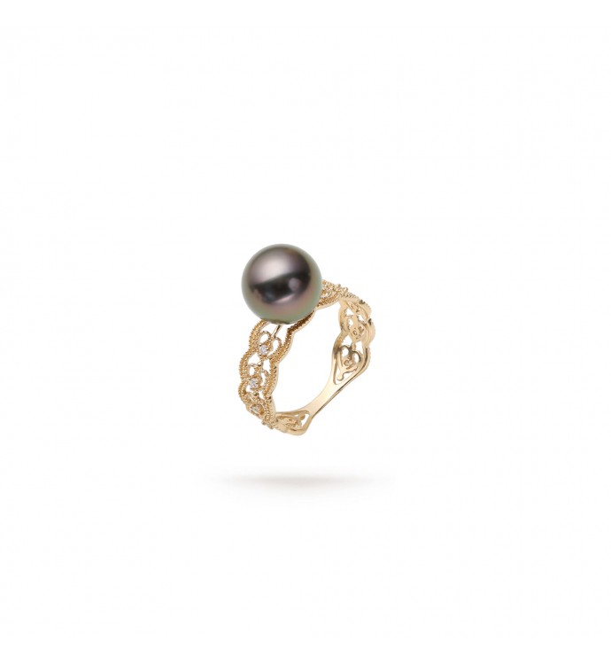 10.0-11.0mm Tahitian Black Pearl and Diamond Ring- AAAA Quality