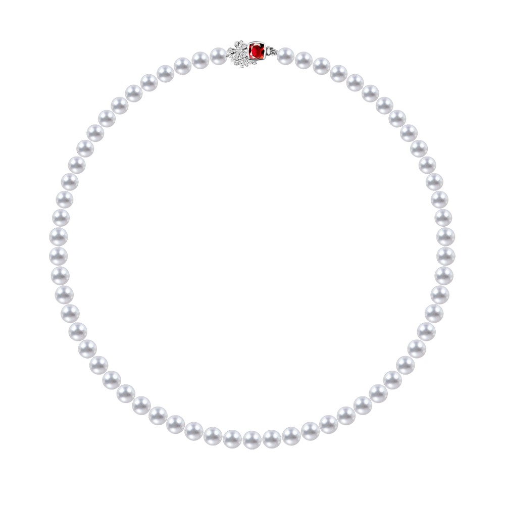 6.5-7.0mm White Akoya Pearl Necklace with Diamond + Ruby Clasp - AAAAA Quality