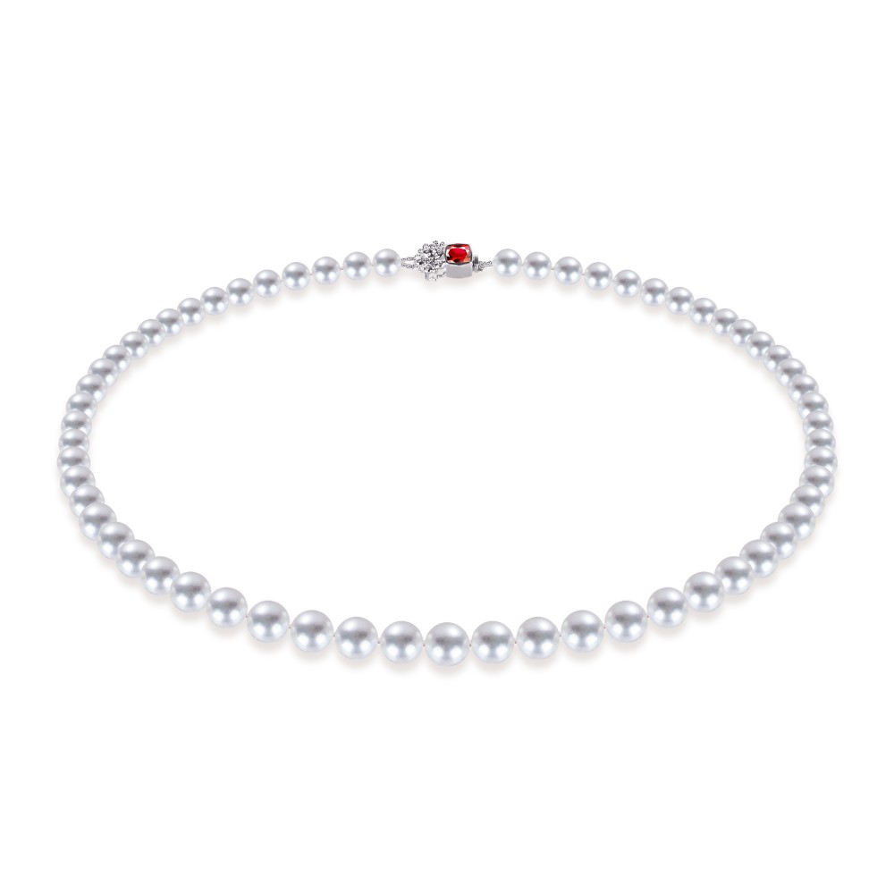 6.5-7.0mm White Akoya Pearl Necklace with Diamond + Ruby Clasp - AAAAA Quality