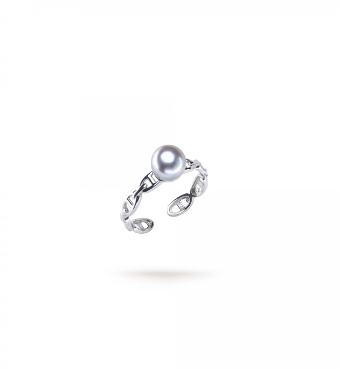 7.0-8.0mm Blue-Grey Akoya Pearl Chain Ring - AAAA Quality