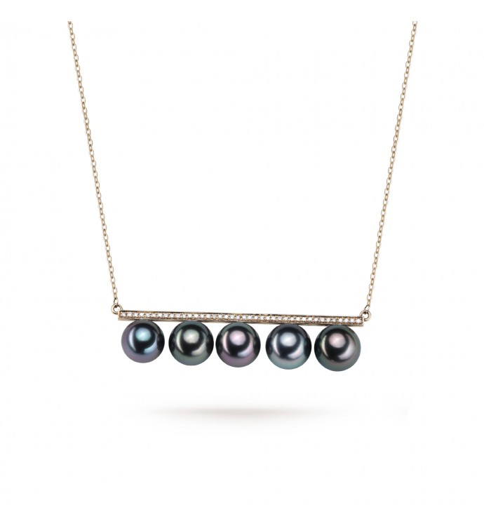 8.0-9.0mm Tahitian Pearl & Diamond Bar Pendant in 18K Gold - AAAA Quality