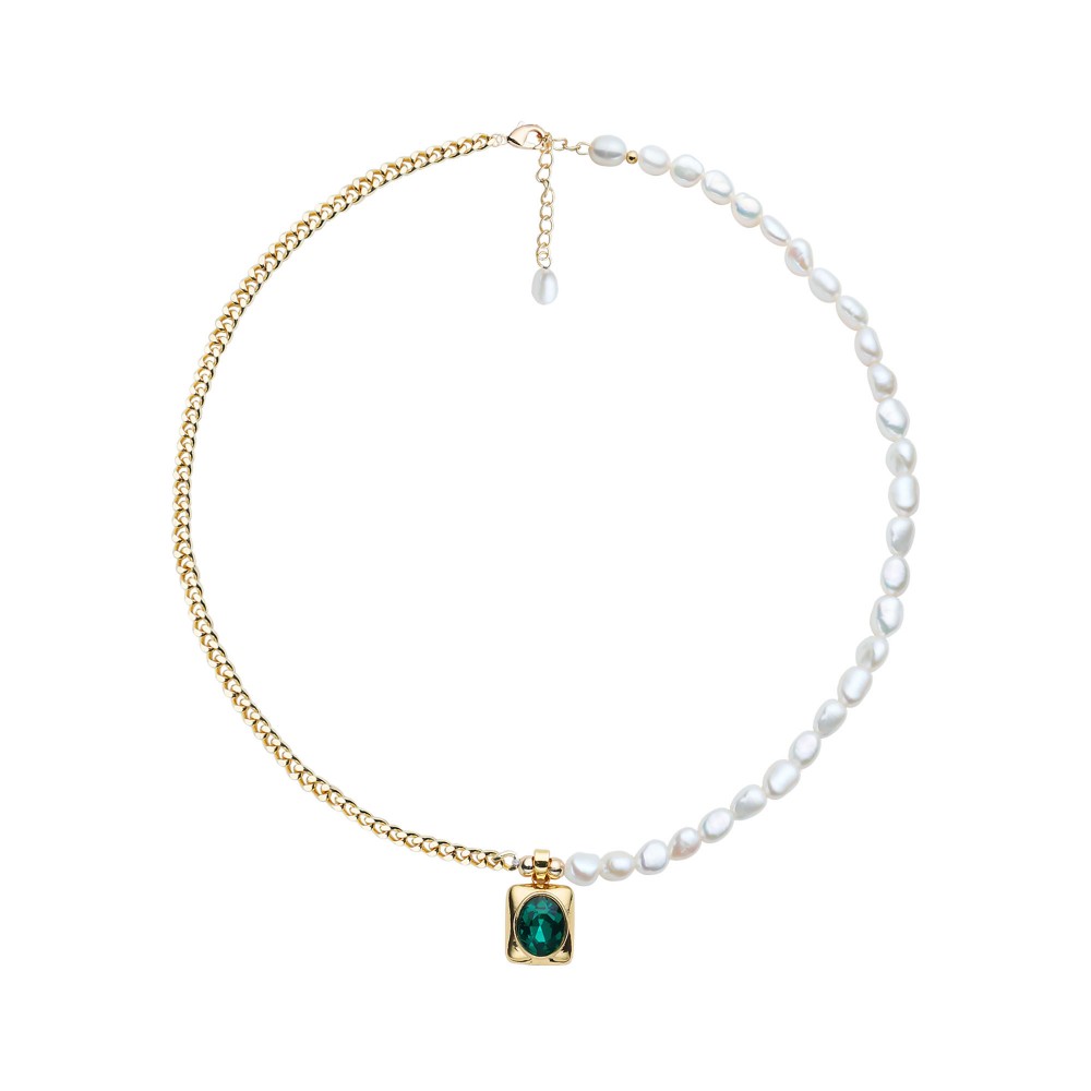 Half Chain Freshwater Pearl Necklace with Emerald Pendant