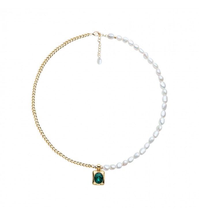 Half Chain Freshwater Pearl Necklace with Emerald Pendant