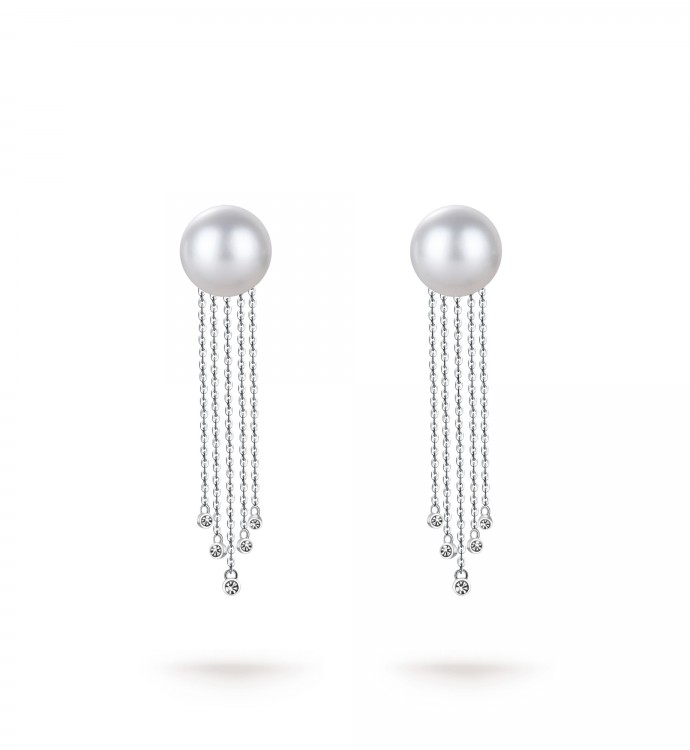 10.0-11.0mm White South Sea Round Pearl & Diamond Chain Dangle Earrings in 18K Gold - AAAAA Quality