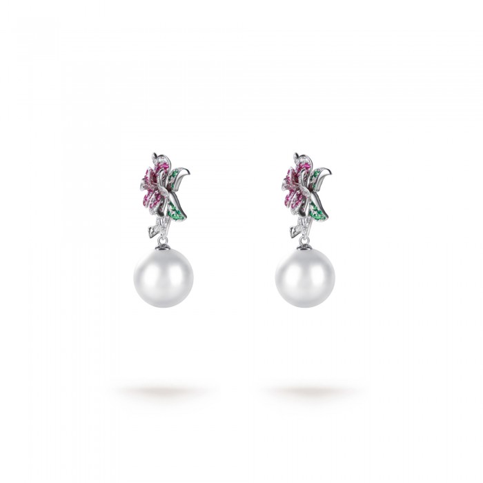 10.0-11.0mm White South Sea Round Pearl Camellia Dangle Earrings in 18K Gold - AAAAA Quality