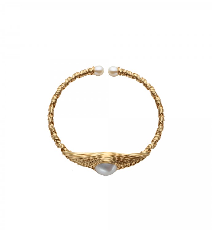 White Freshwater Round Baroque Pearl Wire Wrapped Boho Bangle