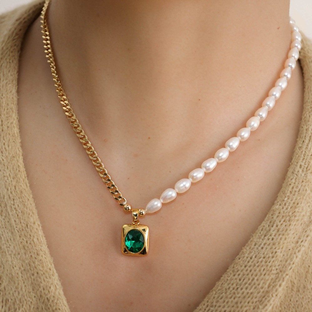 Half Chain Freshwater Pearl Necklace with Emerald Pendant