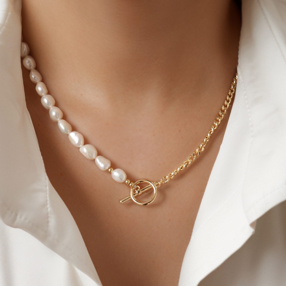 Gold Half Chain Necklace in White Freshwater Pearl