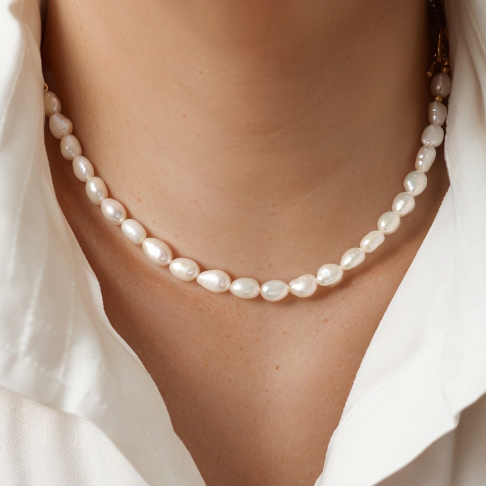 Gold Half Chain Necklace in White Freshwater Pearl