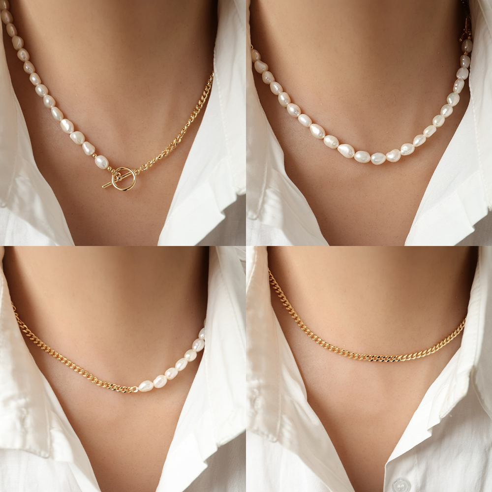 Gold Half Chain Necklace in White Freshwater Pearl